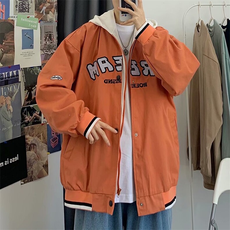 春秋季日系潮流港风假两件字母棒球服外套情侣连帽工装夹克男上衣图片