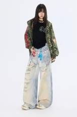 小熊印花牛仔裤女2025秋冬季复古小众水洗阔腿拖地裤YD9060-P75，男装牛仔裤，星座509