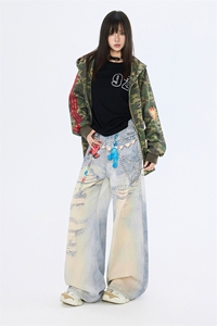 小熊印花牛仔裤女2025秋冬季复古小众水洗阔腿拖地裤YD9060-P75图片