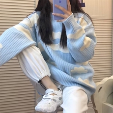 韩系慵懒风学院风云朵毛毛衣女外穿宽松下衣失踪中长款针织衫女，男装针织衫/毛衣，星座506A