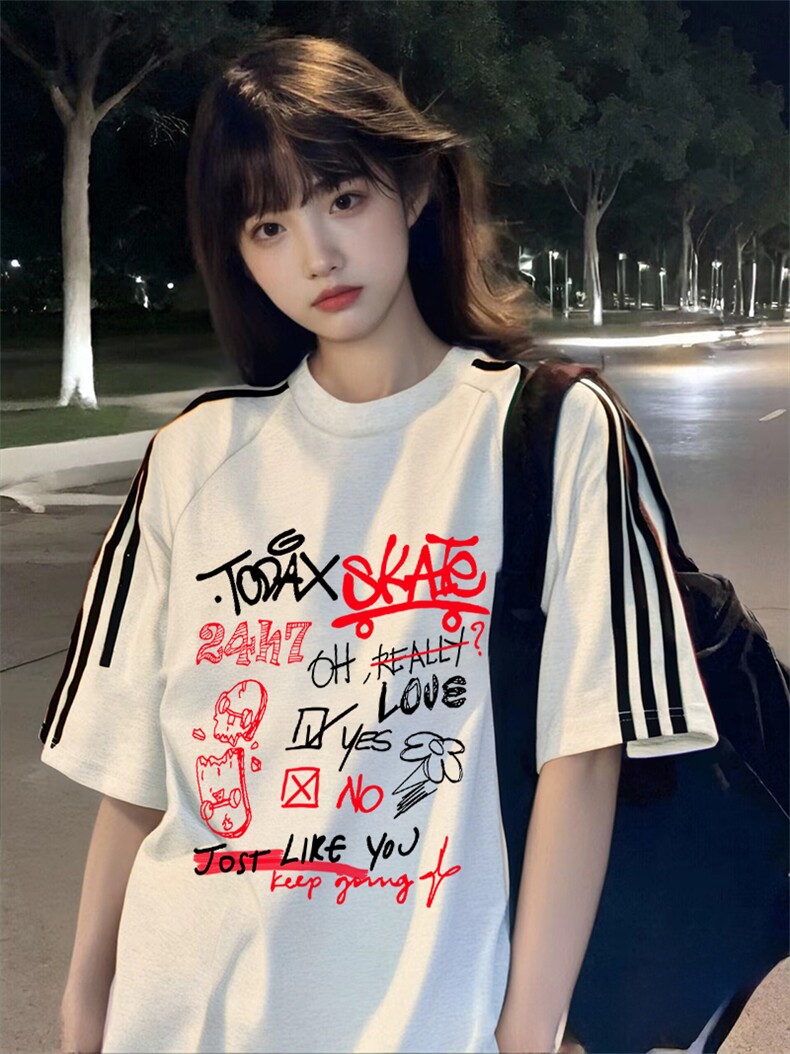 抖音得物高品质二开240克宽松纯棉美式潮牌三条杠织带短袖T恤,男装T恤,电商A486-1