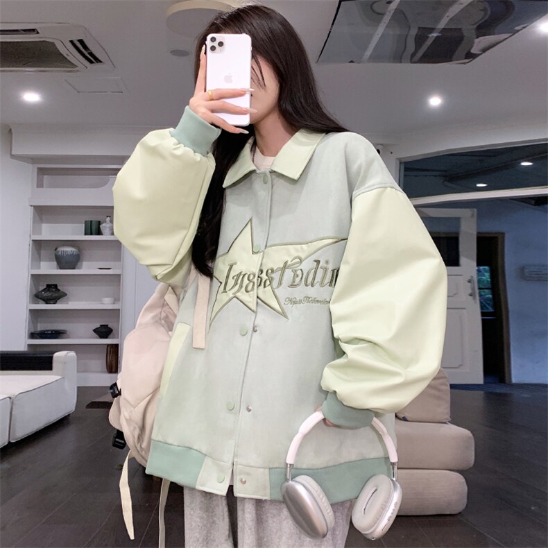 2024潮情侣美式星星LOGO麂皮绒棒球服宽松夹克外套女C789-P100,男装夹克,星座911-2(原星座613-2）