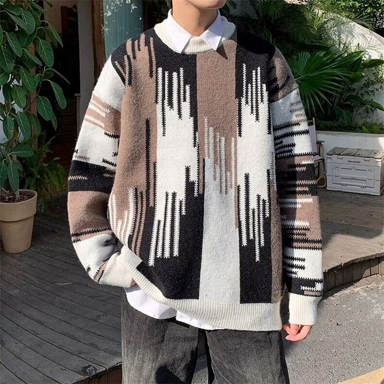 圆领撞色渐变加厚毛衣宽松商务休闲羊绒针织大码打底衫7132 P45图片