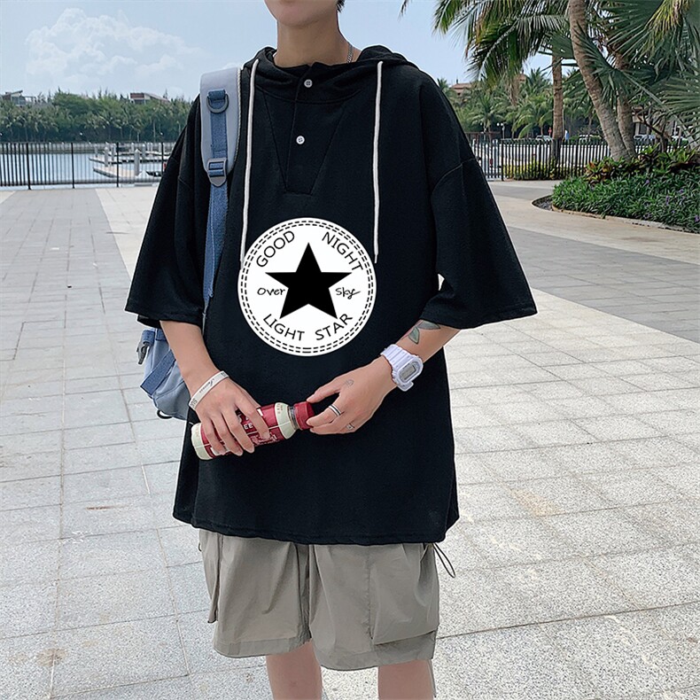 LD54008-P45连帽短袖t恤男大码胖子带帽五分袖中袖,男装T恤,电商A040