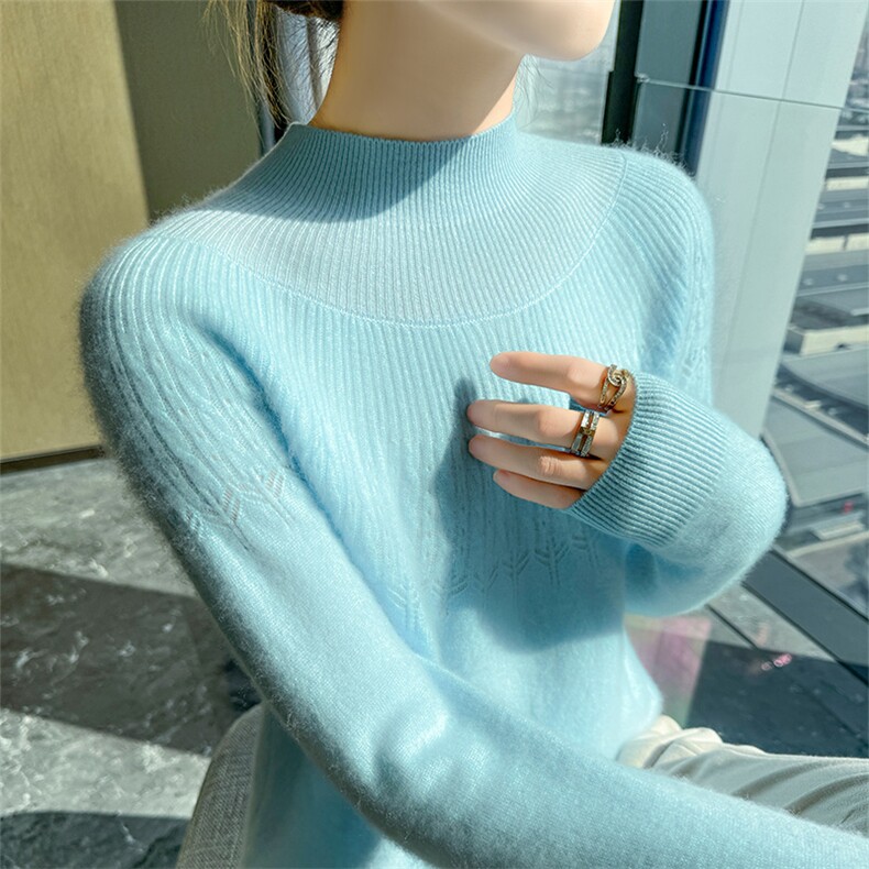 秋冬新款女士半高领纯色针织衫套头上衣女时尚,针织衫/毛衣,宇灿羊绒