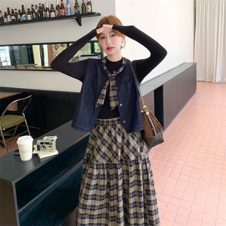 新款牛仔马甲格子半裙套装746-P165-K238,女装套装/套裙,2C108