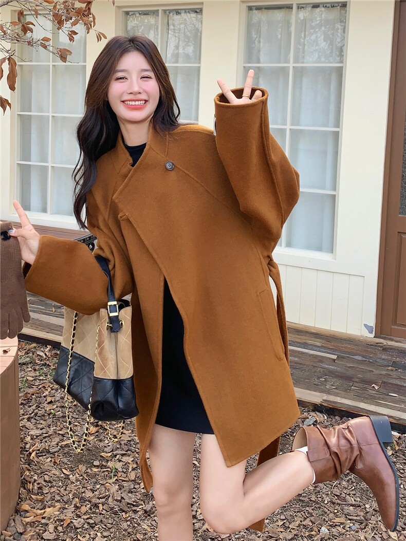 美拉德收腰气质呢子外套女2025年秋冬季新款百搭显瘦双面羊毛大衣,女装双面呢大衣,蝶眷