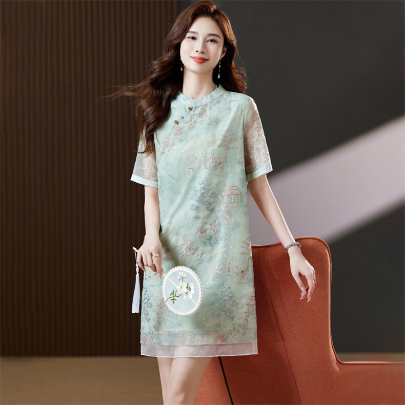 官方旗舰店新中式连衣裙2024新款女装夏季时尚休闲直筒裙子,女装连衣裙,浙宝2-166