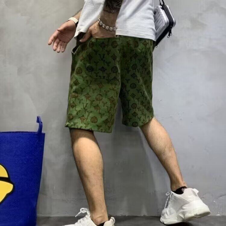 潮牌字母提花短裤男夏季高级感绿色休闲五分裤修身百搭潮流沙滩裤,男装休闲裤,星座506A