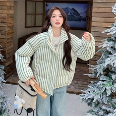绿色条纹羽绒服女冬季2025新款高级感韩系设计感学院风加厚面包服，女装羽绒服，浙宝193A