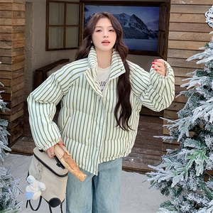 绿色条纹羽绒服女冬季2025新款高级感韩系设计感学院风加厚面包服图片