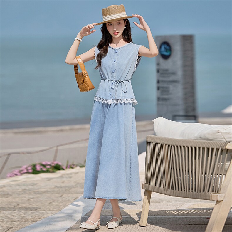 新品现货2025夏装水洗轻薄牛仔套裙两件套女，女装套装/套裙，苗苗