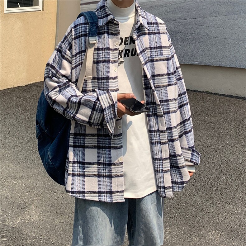 秋冬毛呢男装衬衫日系宽松潮流加厚格子长袖衬衣休闲外套DX128P65,男装衬衫,电商B413-1