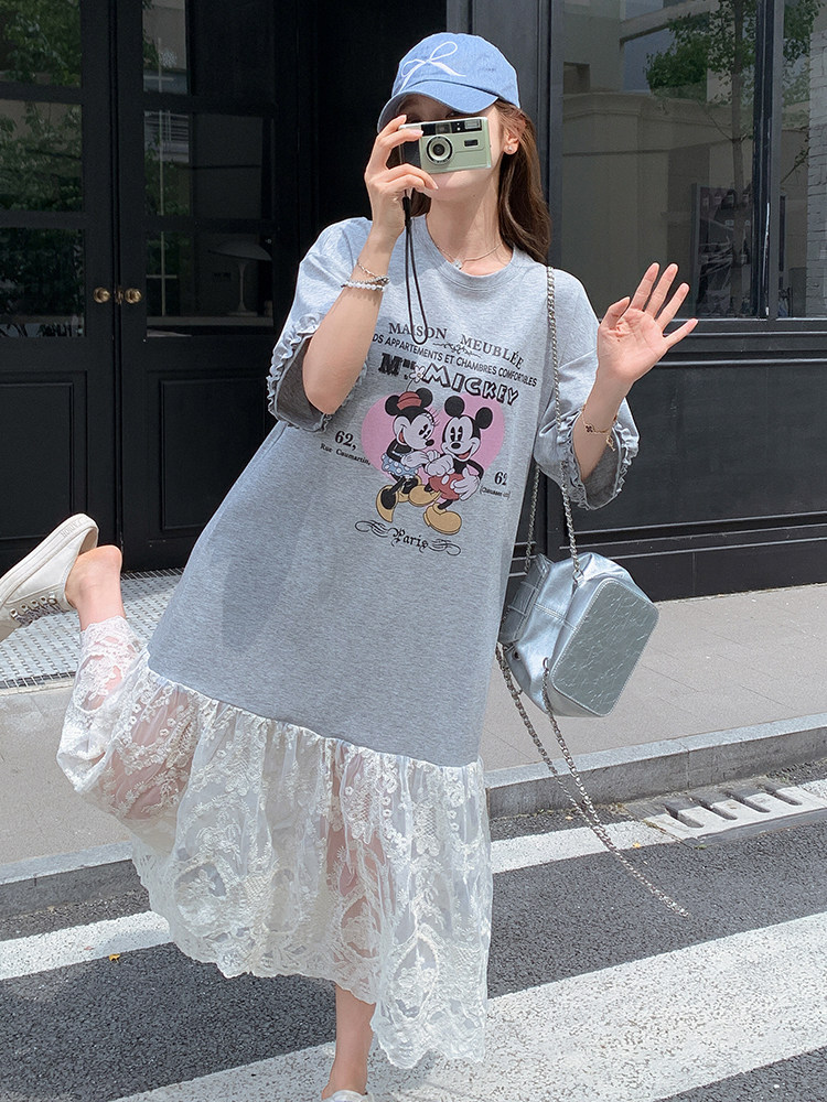 蕾丝拼接灰色T恤连衣裙女夏2025新款休闲气质巨好看长裙今年流行,女装连衣裙,浙宝305