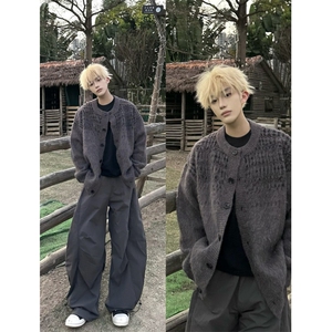 美式复古简约软糯拼色设计感针织开衫男女慵懒风毛衣Q109 P65图片