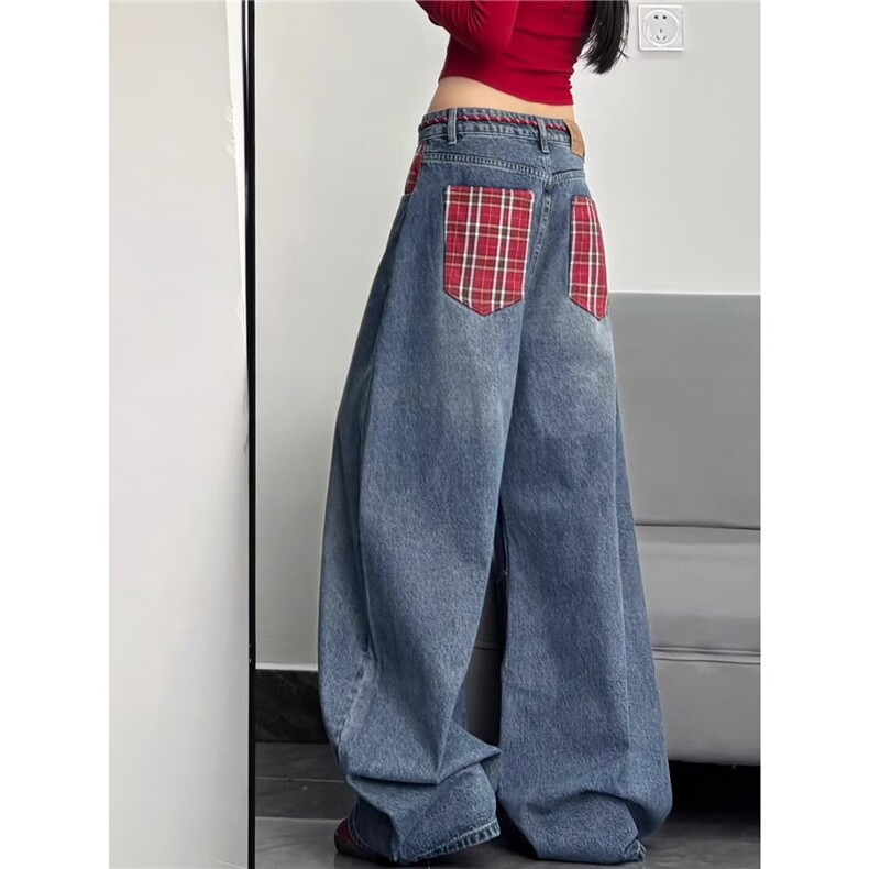 大码复古拼接设计感阔腿牛仔裤女春新款拼色格子宽松弯刀拖地裤，男装牛仔裤，星座813-2