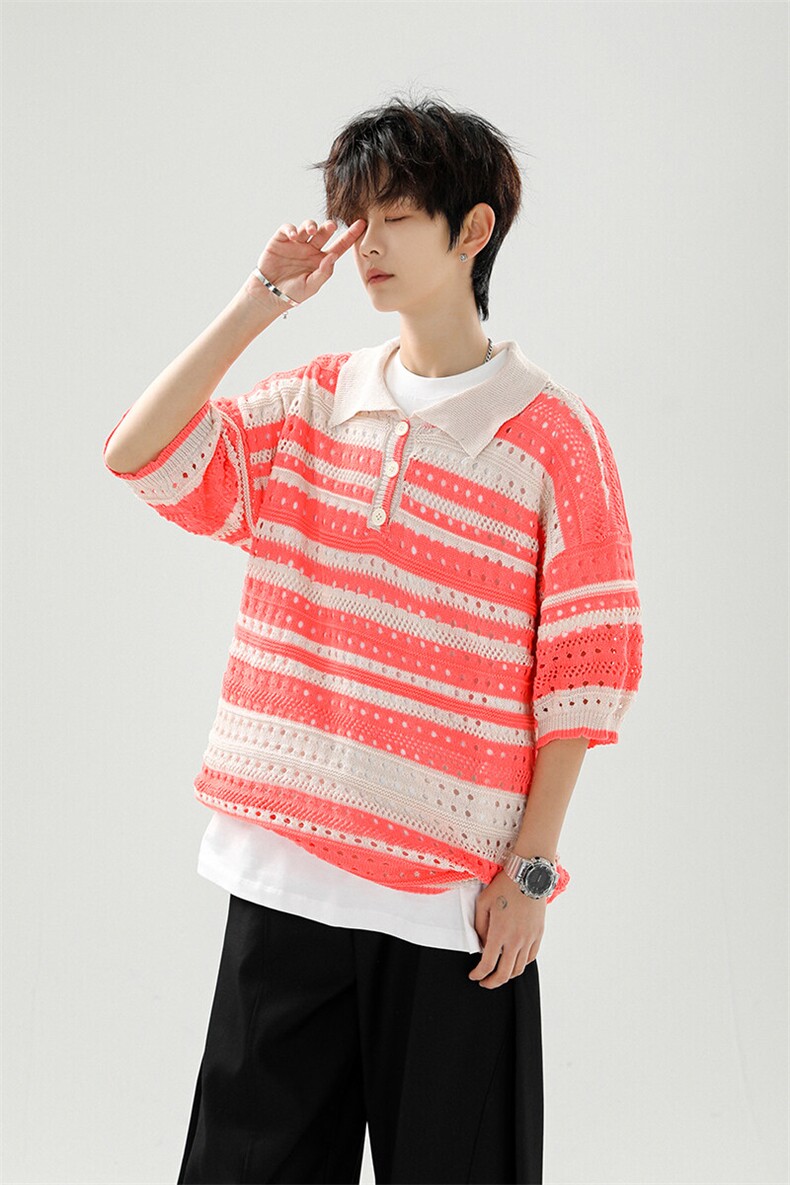 8XL-M特大码美式复古条纹撞色针织POLO衫翻领休闲短袖TDX311P35,男装T恤,电商D206-1