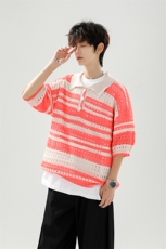 8XL-M特大码美式复古条纹撞色针织POLO衫翻领休闲短袖TDX311P35，男装T恤，电商D206-1