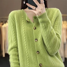 25秋冬新款绞花圆领100%纯羊毛开衫女纯色提花长袖羊绒衫宽松外套，女装针织衫/毛衣，萱芳婷羊绒