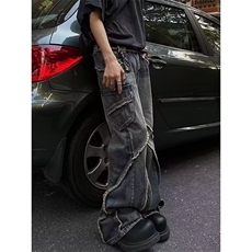 拼接毛边拉链设计感牛仔裤男重磅宽松拖地微喇长裤子N7717，男装牛仔裤，星座1116A（原606A-3）