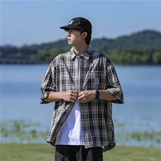 格子短袖衬衫男夏季新款美式复古高街衬衣上衣C202，男装衬衫，星座1116A-1（原606A）