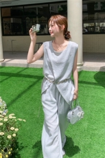 休闲气质盐系浅灰色无袖上衣阔腿裤套装女夏季ootd穿搭减龄两件套，女装套装/套裙，蝶眷