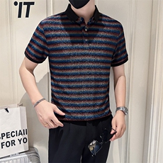 店主风社会小伙男士高级感条纹亮面翻领POLO衫301A-1/PL118/P53，男装Polo衫，星座301A-1
