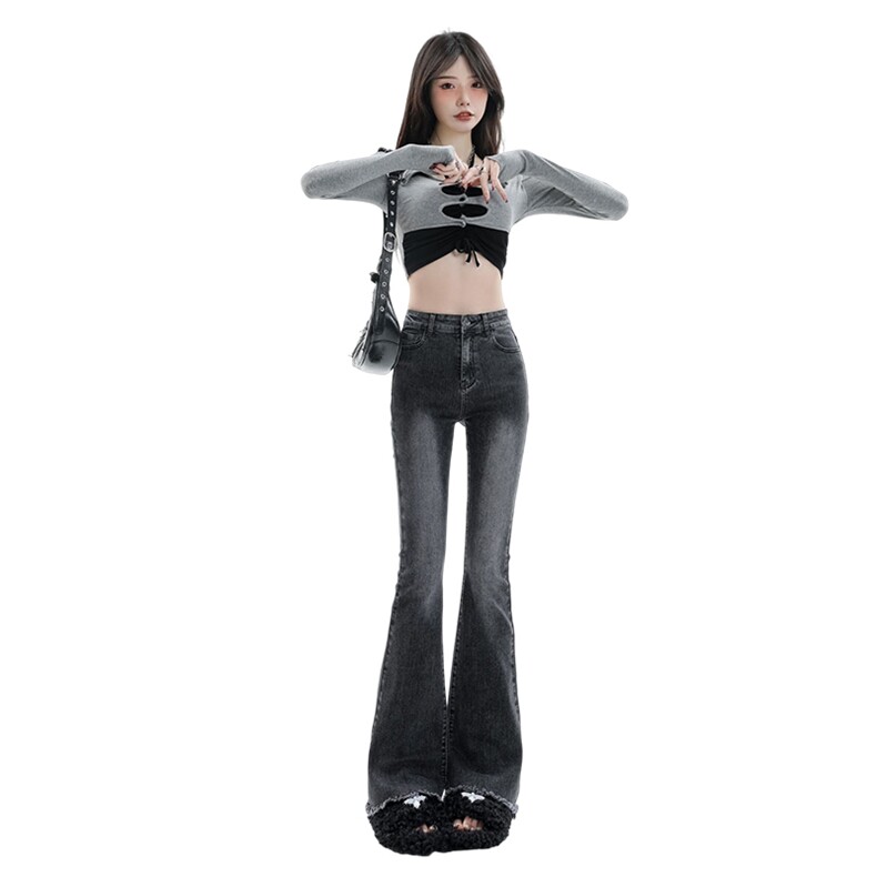 复古微喇牛仔裤春款高腰显瘦小众设计感毛边喇叭裤子女2033，女装牛仔裤，电商A318-1