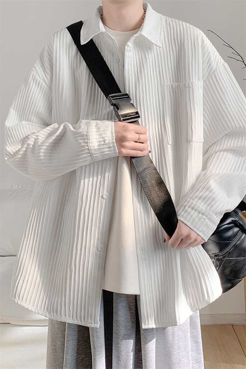 肌理感翻领衬衫男春夏潮牌美式复古宽松痞帅大码情侣长袖衬衣外套,男装衬衫,电商A001-1