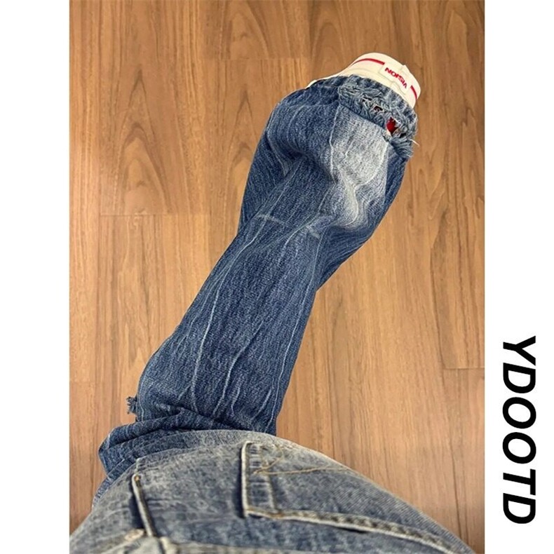 蓝色闪电纹破洞牛仔裤男款夏季设计炸街裤子高街微喇裤K102-P45,男装牛仔裤,星座1001-1