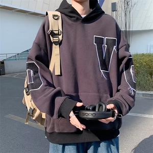美式街头撞色加绒加厚卫衣男ins潮连帽高街XQ07P40图片