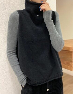羊绒衫马甲背心女秋冬新款高领纽扣无袖上衣宽松显瘦羊毛针织坎肩,女装马甲,洁纯羊绒