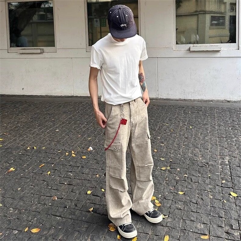 W11069-P53网图现货春季新款大理石纹褶皱口袋美式休闲工装裤,男装工装外套,星座1608