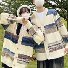 软糯条纹毛衣日系开衫针织男女上衣保暖百搭情侣长袖冬季渐变色潮，男装针织衫/毛衣，星座506A
