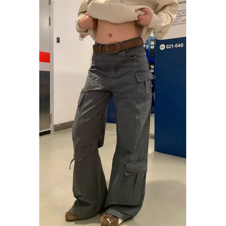 直筒刺绣腰带绳工装牛仔裤女秋季复古街头阔腿长裤KG012,男装牛仔裤,星座1116A（原606A-3）