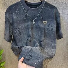 夏季新款轻奢高品质男士满天星短袖T恤潮流亮片渐变破洞圆领上衣，男装T恤，电商B212（原钱塘6029）