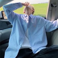 纯棉条纹长袖衬衫男士春秋季宽松潮牌衬衣高级感痞帅休闲秋装外套，男装衬衫，电商A426-1(原A430-1)