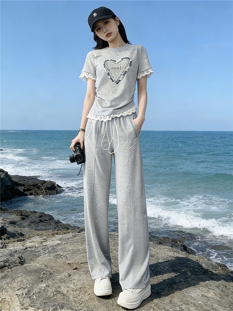 韩版时尚气质套装女夏季新款高级感显瘦短袖上衣宽松阔腿裤两件套,女装套装/套裙,江南