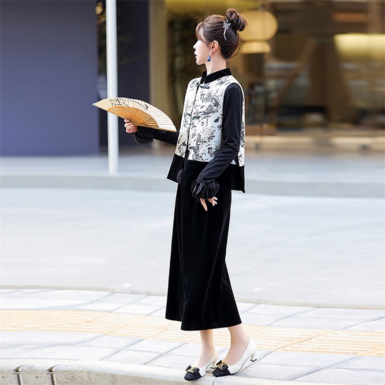 现货！！！2024年春季新款新中式盘扣提花马甲半裙气质三件套套装,女装套装/套裙,奕薇雅