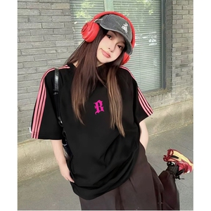 抖音得物品质二开240克宽松纯棉美式潮牌印花三条杠中性风短袖T恤图片