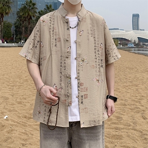 新中式唐装花衬衫男夏季潮流风盘扣短袖衬衣7002P40图片