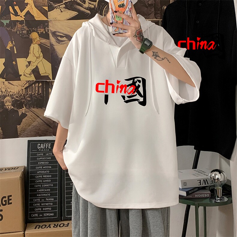 LD54189-P45连帽短袖t恤男大码胖子带帽五分袖中袖,男装T恤,电商A040