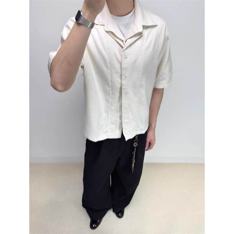 现货~夏季亚麻天丝翻领假两件老钱风透气短袖衬衫男CT25127批55，男装衬衫，星座1004-6