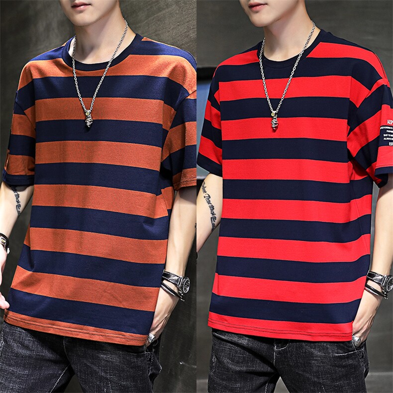 条纹短袖T恤男韩版潮宽松2021夏季新款潮牌纯棉体恤T212图片