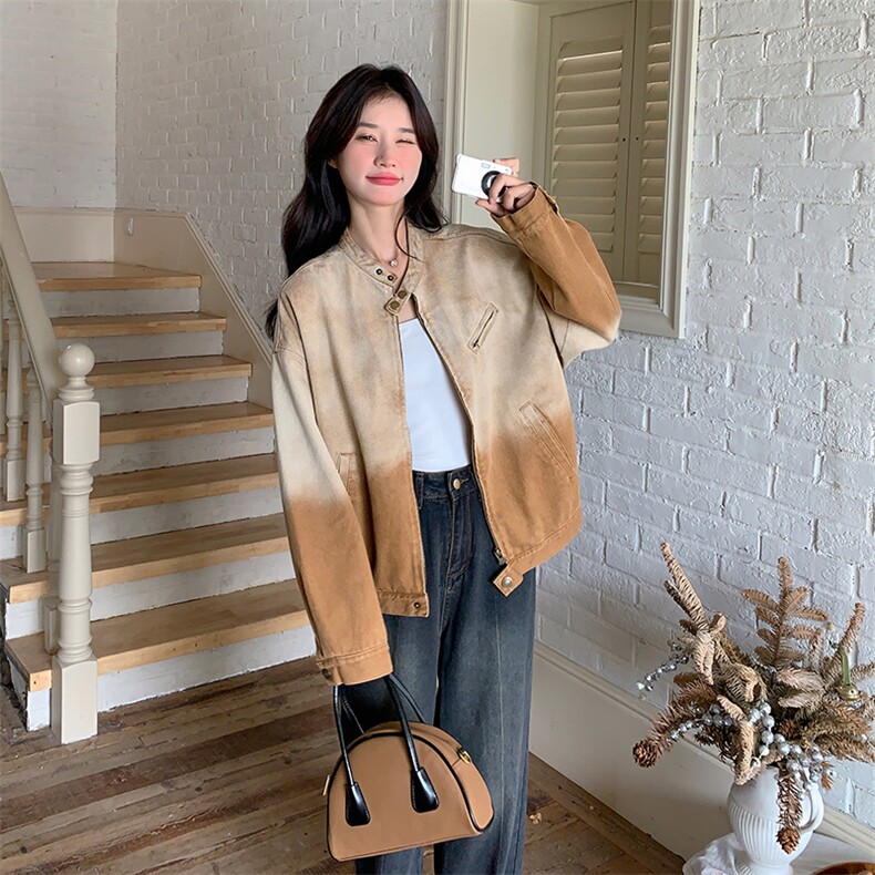 慵懒风渐变色牛仔外套设计感女2025新款春秋小个子港风上衣夹克衫,女装短外套,2C272