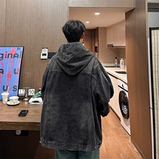 高街美式复古水洗牛仔连帽卫衣男春秋季休闲宽松上衣外套X361/P62，女装短外套，星座506