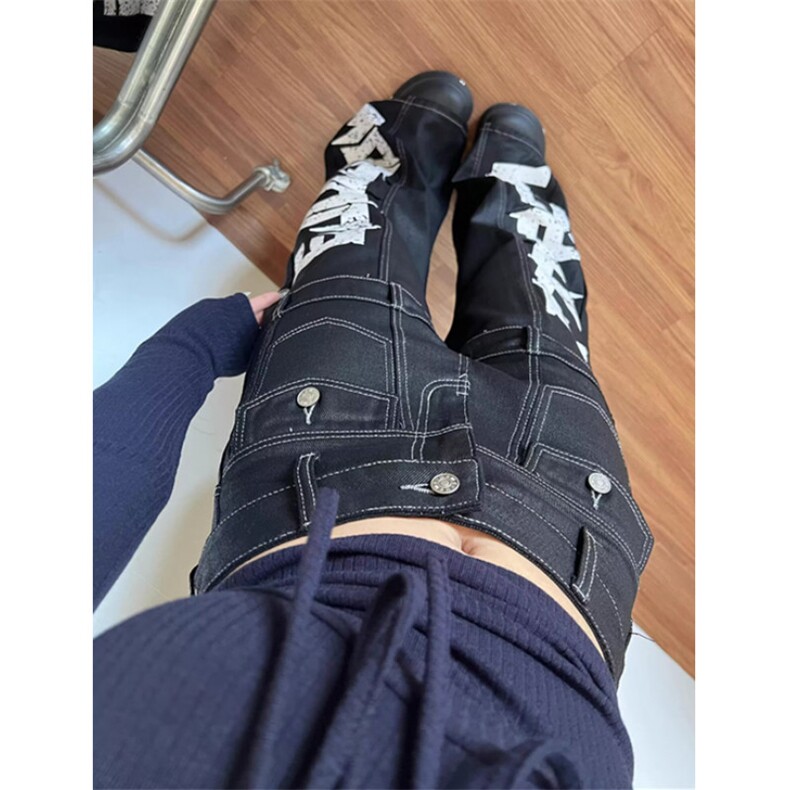 复古贴布破洞宽松设计感高街拖地裤子hiphop直筒牛仔裤 NA548图片