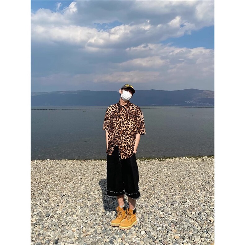 复古豹纹短袖衬衫男女夏季宽松垂感痞帅设计感薄款衬衣CS15,男装T恤,星座208-5