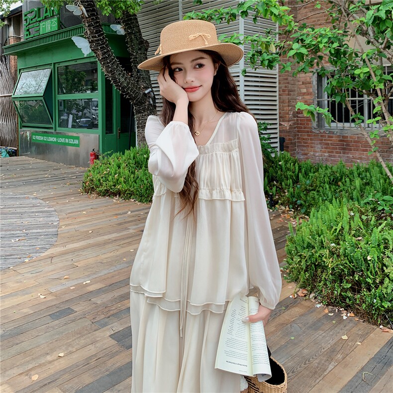超仙时尚雪纺套装女2026春夏新款半透减龄长袖防晒阔腿裙裤两件套,女装套装/套裙,水衣源