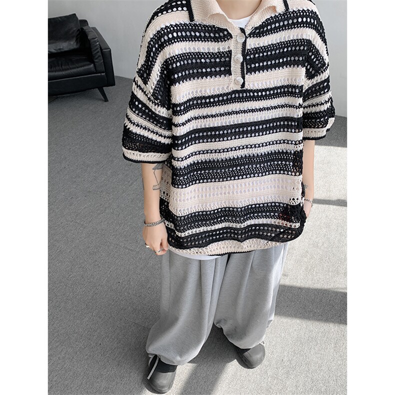 8XL-M特大码美式复古条纹撞色针织POLO衫翻领休闲短袖TDX311P35,男装Polo衫,电商D206-1